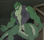 abs absurd_res anthro batman_(series) biceps clothing crocodilian crocodylid dc_comics deuzion hi_res jacket killer_croc male muscular muscular_anthro muscular_male muscular_thighs pecs reptile scalie sharp_teeth solo teeth topwear yellow_eyes