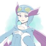  1girl gloves hand_on_own_chest haru_(haru4782) helmet highres long_hair looking_at_viewer pokemon pokemon_oras purple_eyes purple_hair solo upper_body white_gloves winona_(pokemon) 