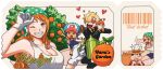  1girl 3boys adjusting_clothes adjusting_headwear angry arm_up bandana barcode black_eyes black_hair black_suit blonde_hair blue_headwear breasts cleavage eating english_text food fruit full_body garden green_headwear hair_over_one_eye happy hat head_bump heart heart-shaped_eyes hitting holding holding_watering_can jennyandloiryan long_hair mandarin_orange monkey_d._luffy multiple_boys mustache_stubble nami_(one_piece) one_eye_closed one_piece orange_eyes orange_hair sanji_(one_piece) scar scar_on_cheek scar_on_face sharp_teeth short_hair smile straw_hat suit tank_top teeth ticket tony_tony_chopper upper_body watering_can white_tank_top 