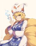  1girl animal_ears arm_under_breasts between_fingers blonde_hair blue_fire breasts brown_background dress fire fox_ears fox_girl fox_tail hand_up holding kitsune kuromiya kyuubi large_breasts long_sleeves multiple_tails one-hour_drawing_challenge orange_eyes simple_background solo tabard tail touhou twitter_username white_dress wide_sleeves yakumo_ran 