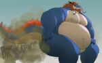 anthro beard belly claws clothed clothing crouching dragon eastern_dragon facial_hair fart fart_cloud fur gassy hi_res male manly mature_male multicolored_body navel obese obese_male orange_body orange_fur overweight overweight_male solo sulviez tail teeth thick_thighs underwear underwear_only
