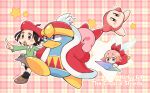  1boy 2girls 2others adeleine beak bird brown_footwear checkered checkered_background commentary_request crystal_shard dress english_text fairy_wings flying furrowed_brow green_shirt grey_skirt holding_on king_dedede kirby kirby_(series) kirby_64 long_sleeves midooka_(o_k_k) multiple_girls multiple_others open_mouth penguin pointing red_dress red_headwear red_robe ribbon ribbon_(kirby) running shirt skirt star_(symbol) teeth waddle_dee walking wings 