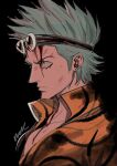  1boy black_background blood blood_on_chest blood_on_face blue_hair bruise bruise_on_face closed_mouth franky_(one_piece) goggles goggles_on_head injury male_focus nok_(nok_1) one_piece open_clothes open_shirt profile shirt short_hair simple_background solo spiked_hair upper_body yellow_shirt 