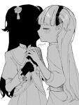  2girls closed_eyes dress emilico_(shadows_house) flower formal genkaku_yurityu greyscale hair_flower hair_ornament hair_tie holding_hands kate_(shadows_house) kiss kissing_cheek long_hair monochrome multiple_girls shadow_(shadows_house) shadows_house simple_background white_background yuri 