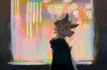  1boy abstract_background backlighting bandaid_on_ear black_eyes black_hoodie facial_mark from_side furry furry_male highres hood hoodie itooku looking_at_viewer original solo standing thick_eyebrows white_fur wolf_boy 