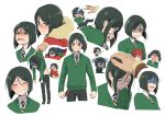  1boy 2boys black_hair blush book chibi clenched_hands closed_eyes crying fate/zero fate_(series) green_eyes green_sweater grin highres holding holding_book iskandar_(fate) lying multiple_boys multiple_views necktie on_stomach open_mouth shirt simple_background sitting smile sparkle striped_necktie sweater tears tsumumi_(kandume103) waver_velvet white_background white_shirt 