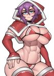  1girl abs absurdres biceps bikini black_choker blue_eyes breasts capelet choker christmas cleavage clothes_writing commentary detached_sleeves english_commentary eyebrow_cut hair_between_eyes hair_ornament hairclip highres hood hood_up hooded_capelet huge_breasts maya_(roadi3) micro_bikini muscular muscular_female original purple_hair red_bikini red_capelet red_sleeves red_thighhighs roadi3 scar scar_on_face scar_on_nose short_hair solo swimsuit thick_thighs thighhighs thighs underboob white_background 