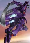  aiyat_@_maotto flying from_side glowing glowing_eye highres holding holding_sword holding_weapon mecha muvluv muvluv_alternative no_humans red_eyes science_fiction sunrise sword tactical_surface_fighter takemikazuchi_(muvluv) thrusters weapon 