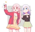  2girls :d bare_shoulders blue_eyes blush cellphone collarbone double_v grand_summoners heart holding holding_phone long_hair long_sleeves multiple_girls open_mouth phone pink_hair puppuppa skirt smartphone smile taking_picture v 