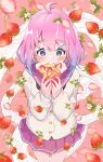  blush candy_hair_ornament crepe eating flower food food-themed_hair_ornament fruit green_eyes hair_ornament hairclip hatanaka_marie heterochromia highres himemori_luna holding holding_food hololive multicolored_hair pink_hair purple_eyes sailor_collar skirt strawberry strawberry_blossoms sweater virtual_youtuber 