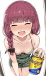  1girl absurdres bare_shoulders beer_can blunt_bangs blush bocchi_the_rock! braid breasts can closed_eyes collarbone dress drink_can fang greatmosu green_dress hair_over_shoulder highres hiroi_kikuri long_hair open_mouth purple_hair single_braid small_breasts smile solo 
