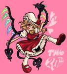  1girl ascot blonde_hair bobby_socks cbts004 chibi crystal fangs flandre_scarlet frilled_skirt frills full_body happy hat hat_ribbon highres holding holding_polearm holding_weapon laevatein_(tail) laevatein_(touhou) light_smile looking_at_viewer mary_janes medium_hair mob_cap multicolored_wings one_side_up open_mouth pink_background pointy_ears polearm puffy_short_sleeves puffy_sleeves red_eyes red_footwear red_ribbon red_skirt red_vest ribbon ribbon-trimmed_headwear ribbon-trimmed_sleeves ribbon_trim shirt shoe_soles shoes short_sleeves simple_background skirt skirt_set sleeve_ribbon socks solo tail touhou vest weapon white_headwear white_shirt white_socks wings yellow_ascot 