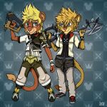 anthro blonde_hair blue_eyes brown_body brown_fur duo felid fur hair hi_res keyblade kingdom_hearts lion male mammal melee_weapon pantherine roxas_(kingdom_hearts) square_enix ventus_(kingdom_hearts) weapon ziegelzeig