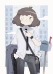  1girl animal_keychain black_pants blue_eyes brown_hair ccg clock_hands hand_in_pocket highres mailbox_(incoming_mail) necktie newspaper original pants shirt simple_background smile white_background white_shirt 