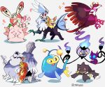  animal_focus antennae artist_name banette blue_skin chandelure clefable closed_eyes colored_skin commentary dachsbun dog fangs fezandipiti fire floating grey_fur grin head_wreath highres houndstone lanturn no_humans open_mouth pink_skin poke_ball pokemon pokemon_(creature) purple_fire red_eyes sableye silvally simple_background sitting skin_fangs smile spinda tail taplaos teeth tombstone tongue tongue_out twitter_username white_background wings yamper yellow_eyes 