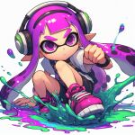  1girl black_shorts bracelet closed_mouth english_commentary full_body headphones inkling inkling_girl jewelry long_hair paint pink_footwear pointy_ears print_shirt purple_eyes purple_hair shirt shoes shorts simple_background sing_kwok solo splatoon_(series) tentacle_hair v-shaped_eyebrows white_background white_shirt 