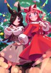  2girls absurdres alternate_costume animal_ears black_footwear blurry blush bokeh bow_hairband brown_dress brown_hair christmas_tree clenched_hand depth_of_field dress flower-shaped_pupils freely2327 grin hair_over_one_eye hairband haru_urara_(umamusume) highres horse_ears horse_girl horse_tail kneehighs long_hair long_sleeves mary_janes multiple_girls own_hands_together pink_eyes pink_hair purple_eyes red_dress rice_shower_(umamusume) shoes smile socks steepled_fingers string_of_flags symbol-shaped_pupils tail umamusume white_socks 