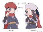  1boy 1girl akari_(pokemon) black_hair black_undershirt blush character_name commentary_request dated eyelashes flying_sweatdrops grey_eyes hand_up hat head_scarf highres jacket long_hair petoke pokemon pokemon_(game) pokemon_legends:_arceus ponytail raised_eyebrows rei_(pokemon) sash scarf short_hair sidelocks smile translated undershirt white_headwear 