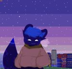absurd_res ambience animal_humanoid anthro atmospheric_perspective big_ears blue_body blue_eyes blue_hair building checkered_fur civilisation clothed clothing comfy detailed detailed_background detailed_fur digital_media_(artwork) domestic_cat felid feline felis fluffy fluffy_tail fog fur hair hi_res hoodie humanoid indigo_fur inner_ear_fluff light male mammal minus_sign multicolored_body multicolored_fur outside pachiimochii paw_in_hoodie paws pixel_(artwork) pixelated pixels plus_sign pyxeledit_(software) retro saturn_ring smile smoke snow snow_fall solo striped_body striped_fur stripes surreal tail tesseline_hygadeine topwear tuft