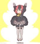  1girl arms_up australian_brushturkey_(kemono_friends) bird_girl bird_tail black_hair boots bow bowtie coroha full_body gloves jacket jumping kemono_friends kemono_friends_3 looking_at_viewer multicolored_hair pantyhose red_hair short_hair simple_background skirt solo tail two-tone_hair yellow_background 