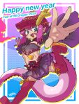 2023 3:4 5_fingers animal_humanoid bottomwear breasts chinese_zodiac clothed clothing dragon dragon_humanoid english_text female fingers hair hi_res humanoid humanoid_pointy_ears legwear masha midriff open_mouth pink_hair pink_tail scalie scalie_humanoid skirt tail text thigh_highs year_of_the_dragon