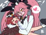  2girls animal_ear_fluff animal_ears benienma_(fate) bird_hat black_bow blush bow breasts brown_headwear closed_eyes collared_shirt crying dress_shirt fate/grand_order fate_(series) feather_trim fox_tail glasses hacco_mayu hair_between_eyes hair_bow heart highres japanese_clothes kimono koyanskaya_(assassin)_(second_ascension)_(fate) koyanskaya_(fate) large_breasts long_hair long_sleeves multiple_girls open_mouth parted_bangs pink_hair platform_footwear rabbit_ears red_hair red_kimono shirt sidelocks small_breasts smile spoken_heart tail tamamo_(fate) twintails white_shirt wide_sleeves yellow_eyes 