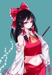  1girl armpit_peek black_hair blue_background detached_sleeves expressionless hakurei_reimu highres jacket looking_at_viewer raptor7 red_eyes red_jacket red_skirt skirt sleeveless sleeveless_jacket solo stomach touhou white_sleeves 