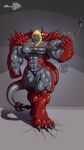 agonwolfe anthro big_muscles biped blonde_hair braided_hair claws digitigrade draconic female fierce grey_body grey_scales hair hi_res huge_muscles humanoid humanoid_face hyper hyper_muscles muscular red_body red_scales scale_(disambiguation) scales toe_claws