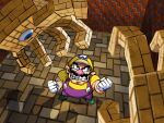  1boy clenched_hands clenched_teeth eyeball facial_hair from_above gloves green_footwear highres looking_up mario_(series) mustache overalls pointy_ears purple_overalls shirt super_mario_64_ds teeth thick_eyebrows wario white_gloves ya_mari_6363 yellow_headwear yellow_shirt 
