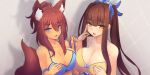  2girls animal_ear_fluff animal_ears asymmetrical_docking bangs blue_bra blue_eyes blue_ribbon blunt_bangs bra breast_press breasts brown_hair cleavage collarbone commentary dark_skin english_commentary eyebrows_visible_through_hair fox_ears fox_tail hair_between_eyes hair_ribbon hand_on_own_chest hands_up highres kazu-koto large_breasts looking_at_viewer matsuko_(kazu-koto) multiple_girls open_mouth original red_hair ribbon sayuri_(kazu-koto) tail teeth twintails underwear upper_teeth yellow_bra yellow_eyes 