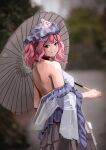  1girl absurdres alternate_costume blue_headwear blurry blurry_background commentary english_commentary frilled_kimono frills hat highres holding holding_umbrella japanese_clothes kimono looking_back mob_cap off_shoulder oil-paper_umbrella photo-referenced photo_background pink_hair red_eyes saigyouji_yuyuko short_hair sketch skirt smile solo touhou triangular_headpiece umbrella vanilla_flan wavy_hair white_skirt 