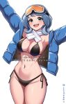  1girl arms_up bikini black_eyes black_jacket blue_archive blue_hair blue_jacket breasts cleavage coat commission cosplay eimi_(blue_archive) eimi_(blue_archive)_(cosplay) eimi_(swimsuit)_(blue_archive) goggles goggles_on_head highres jacket large_breasts medium_hair namu_(112namu) original outstretched_arms pixiv_commission scarf side-tie_bikini_bottom simple_background ski_goggles solo swimsuit twitter_username white_background white_scarf winter_clothes winter_coat 