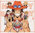  0goodiiy 1girl 5boys bandana bead_necklace beads beard_stubble black_hair blonde_hair blush burn_scar chibi closed_eyes cowboy_hat cropped_torso demon_horns double_v edward_newgate freckles full_body happy_birthday hat highres horns japanese_clothes jewelry long_hair marco_(one_piece) monkey_d._luffy multicolored_hair multiple_boys necklace old old_man one_piece portgas_d._ace sabo_(one_piece) scar scar_across_eye scar_on_cheek scar_on_chest scar_on_face shoulder_tattoo simple_background sitting_on_shoulder smile straight-on straw_hat tattoo teeth thick_mustache topless_male translation_request two-tone_hair v white_background yamato_(one_piece) 