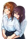  2girls :d :o aoharu_(kagawa_ichigo) blue_shirt blush brown_hair collared_shirt commentary_request fang green_skirt highres hug hug_from_behind kagawa_ichigo koakuma_(kagawa_ichigo) long_hair long_sleeves looking_up multiple_girls open_mouth original parted_lips purple_eyes red_eyes shirt simple_background skin_fang skirt smile white_background wing_collar yuri 