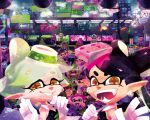  6+boys 6+girls black_hair callie_(splatoon) cha_kuro_(limo) concert diamond-shaped_pupils diamond_(shape) earrings eyelashes gloves green_hair idol inkling inkling_(language) inkling_boy inkling_girl jewelry marie_(splatoon) mole mole_under_eye multiple_boys multiple_girls open_mouth pink_hair pointy_ears shirt sign signature splatoon_(series) splatoon_1 symbol-shaped_pupils t-shirt tentacle_hair white_gloves white_hair 