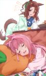  2girls absurdres alternate_costume animal_ears blue_shirt book bow brown_hair cellphone cup drooling food fruit green_bow hair_bow hair_intakes haru_urara_(umamusume) highres horse_ears horse_girl horse_tail king_halo_(umamusume) kotatsu long_hair mandarin_orange mouth_drool multiple_girls nazmocha phone pillow pink_hair red_eyes rice_shower_(umamusume) shirt signature sleeping smart_falcon_(umamusume) smartphone table tail umamusume 