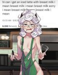  1girl absurdres apron bangs bare_arms bare_shoulders barista blush breasts collarbone confused cup demon_girl demon_horns demon_tail disposable_cup english_text gen_uma_mai green_apron grey_hair helltaker highres holding holding_cup holding_pen horns iced_latte_with_breast_milk_(meme) indoors logo long_hair looking_at_viewer meme naked_apron open_mouth oversized_clothes pandemonica_(helltaker) pen round_eyewear small_breasts solo starbucks tail twitter 
