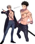  1boy arm_tattoo bishounen black_hair chest_tattoo earrings facial_hair finger_tattoo hand_tattoo hat holding jaguar_print jewelry kenith21 long_sideburns male_focus one_piece open_clothes panther_print pants sideburns solo sword tattoo topless_male trafalgar_law weapon yellow_eyes 