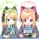  2girls animal_ear_headphones animal_ears aoraine apron blonde_hair blue_archive blue_ribbon cat_ear_headphones fake_animal_ears green_eyes halo handheld_game_console headphones highres holding holding_handheld_game_console long_sleeves maid_apron maid_headdress midori_(blue_archive) midori_(maid)_(blue_archive) momoi_(blue_archive) momoi_(maid)_(blue_archive) multiple_girls red_eyes ribbon siblings twins twintails 