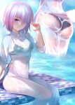  1girl alternate_costume ass bangs besmiled breasts dress fate/grand_order fate_(series) hair_over_one_eye highres large_breasts light_purple_hair looking_at_viewer mash_kyrielight multiple_views purple_eyes short_hair vietnamese_clothes vietnamese_dress wet white_dress 