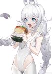  +_+ 1girl absurdres animal_ear_fluff animal_ears azur_lane bangs blue_eyes braid choker commentary_request cowboy_shot eating food highleg highleg_leotard highres holding holding_food jiojio le_malin_(azur_lane) le_malin_(listless_lapin)_(azur_lane) leotard long_hair looking_at_food official_alternate_costume open_mouth pantyhose rabbit_ears sandwich silver_hair simple_background solo standing twin_braids very_long_hair weibo_username white_background white_choker white_legwear white_leotard wrist_cuffs 