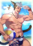  &gt;_o 1boy ;d abs absurdres animal_ears ball bara beach beachball blue_eyes bulge cat_boy cat_ears cat_tail cloud day facial_mark firenzesaika green_hair highres holding holding_ball holding_beachball jewelry male_focus male_pubic_hair male_swimwear muscular muscular_male navel necklace nipples one_eye_closed open_mouth original outdoors pubic_hair short_hair sky smile solo splashing summer swim_trunks symbol-only_commentary tail undercut water wristband 
