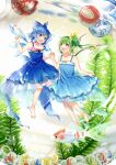  2girls ball bangs bare_shoulders barefoot blue_bow blue_dress blue_eyes blue_hair bow cirno daiyousei dress eyebrows_visible_through_hair fairy_wings fish flower flying green_eyes green_hair hair_between_eyes hair_bow hand_up hands_up holding_hands ice ice_wings interlocked_fingers kapuchii leaf looking_at_another multiple_girls open_mouth pink_flower plant ponytail red_bow sand short_hair sleeveless smile touhou wings yellow_bow 