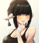  au_ra bare_shoulders black_camisole black_hair blush breasts camisole dragon_horns eyebrows_hidden_by_hair final_fantasy final_fantasy_xiv hair_bun hand_on_own_chin horn_ornament horns iori_haori jewelry large_breasts light_smile lipstick long_bangs looking_at_viewer makeup necklace scales simple_background upper_body warrior_of_light_(ff14) yellow_eyes 