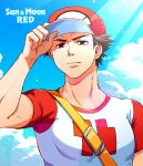  1boy adjusting_clothes adjusting_headwear blue_sky broad_shoulders brown_eyes character_name closed_mouth copyright_name hat looking_at_viewer male_focus pectorals pokemon pokemon_sm red_(pokemon) red_headwear shirt short_sleeves sky solo sumishiba_(pixiv) t-shirt thick_neck v-shaped_eyebrows 