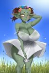 2023 big_breasts breasts brown_hair clothed clothing dress female flower flower_crown freckles goblin grass green_body green_skin hair hi_res huge_breasts humanoid humanoid_pointy_ears not_furry off_shoulder one_eye_closed outside pigtails plant short_stack solo sundress twrlare wind yellow_eyes