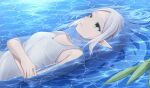  1girl bare_shoulders breasts commentary_request crossed_arms dress drop_earrings earrings floating frieren green_eyes highres jewelry leaf long_hair parted_bangs parted_lips partially_submerged pointy_ears pton_uca09 small_breasts solo sousou_no_frieren water white_dress white_hair 