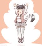  1girl animal_ears arms_up belt coroha extra_ears full_body grey_hair jacket jumping kemono_friends kemono_friends_3 lemur_ears lemur_girl lemur_tail looking_at_viewer pink_background ring-tailed_lemur_(kemono_friends) shirt shoes short_hair shorts simple_background solo sunglasses tail thighhighs 