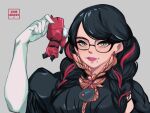  1girl bayonetta bayonetta_(series) bayonetta_3 black_hair braid clothing_cutout dante_(devil_may_cry) devil_may_cry_(series) devil_may_cry_2 earrings eyeshadow glasses gloves highres jewelry kamira_naito lipstick long_hair looking_at_viewer makeup mole mole_under_mouth multicolored_hair red_hair ribbon simple_background smile solo streaked_hair twin_braids 