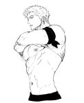  1boy abs bandana_around_arm bara bare_pectorals clothes_lift cropped_legs earrings greyscale jewelry large_pectorals lifted_by_self lineart looking_at_viewer male_focus monochrome muscular muscular_male navel nok_(nok_1) one_piece parted_lips pectorals puffy_nipples roronoa_zoro scar scar_on_chest shirt_lift short_hair sideburns single_earring solo undressing 